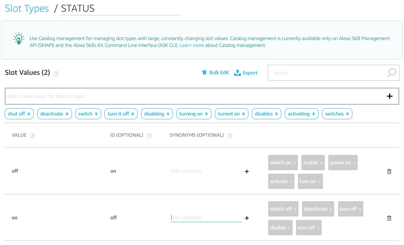 Amazon Alexa Skill Slot Values