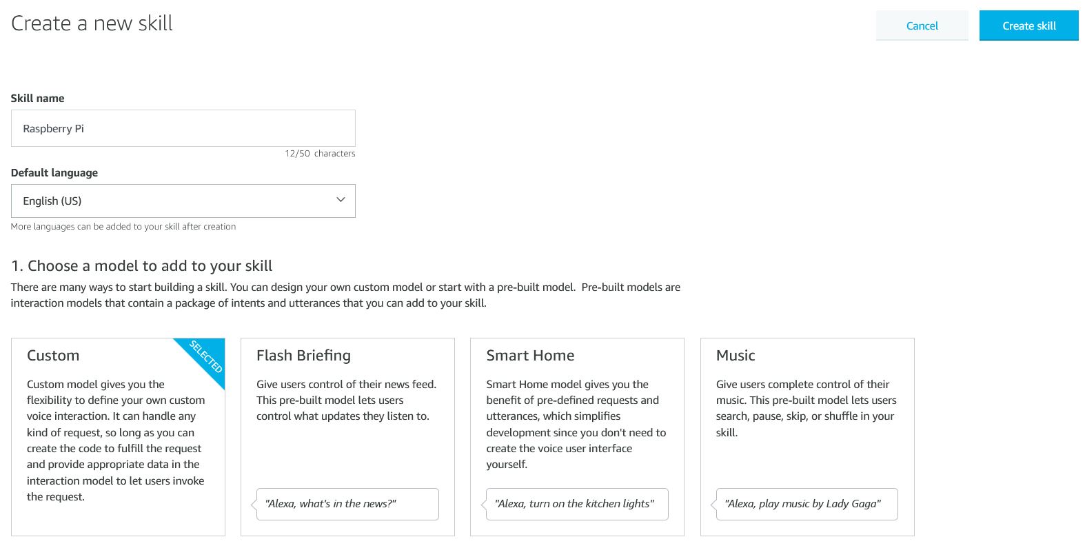 Créer une compétence Alexa Raspberry Pi - Nouvelle compétence