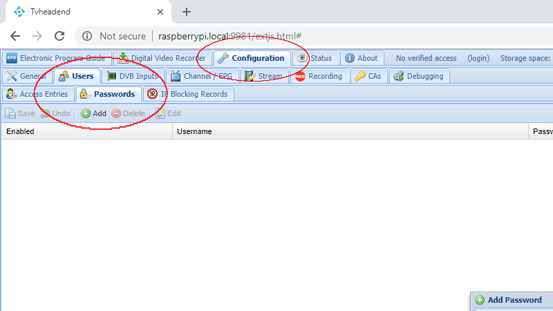 Tvheadend ajouter un utilisateur