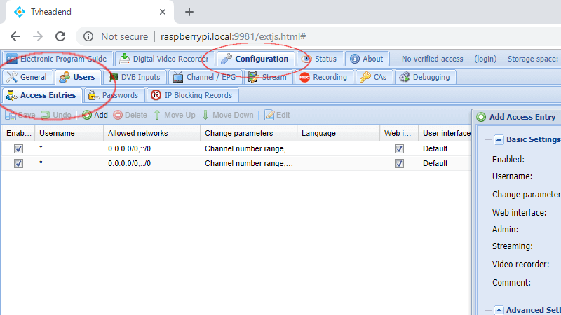 Utilisateurs de configuration de Tvheadend