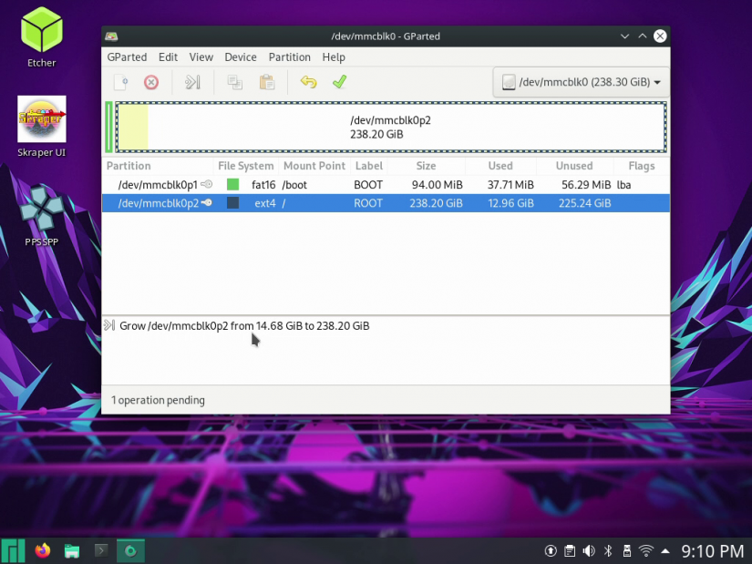 comment installer monkajaro sur raspberry pi 4 - gparted