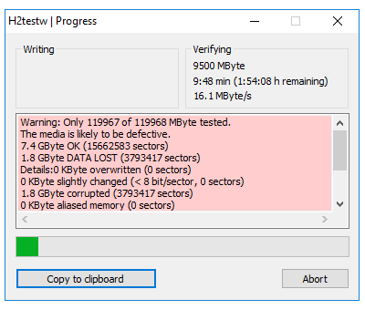 Résultats de la fausse carte SD h2testw