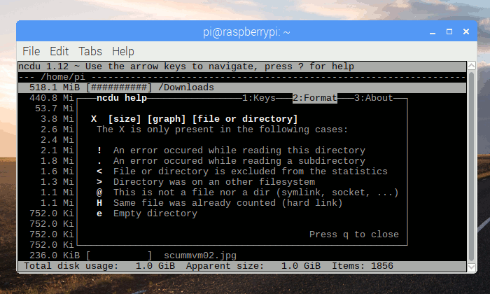 Analyse du stockage Ncdu