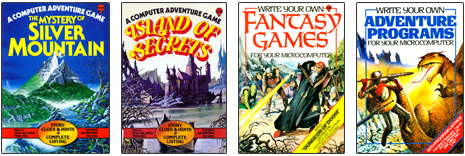 couvertures de livres de conception informatique de jeux d'aventure des années 1980