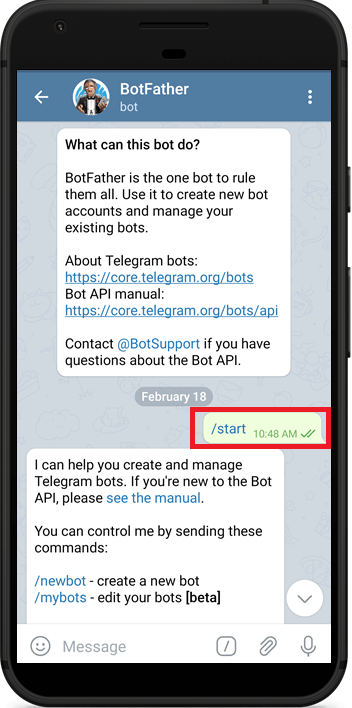 Telegram Démarrer BotFather pour créer un nouveau Bot
