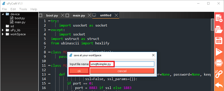 enregistrer le nouvel IDE upycraft umqttsimple.py