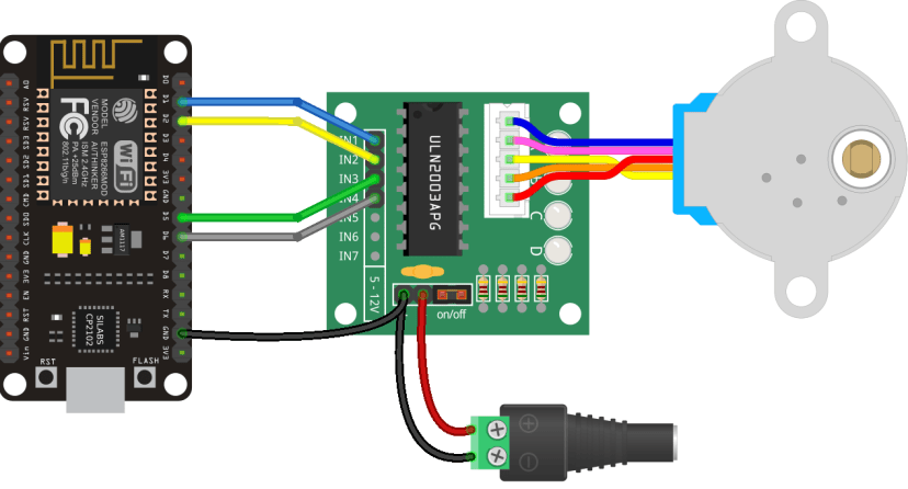 Moteur pas à pas ESP8266 NodeMCU (pilote 28BYJ-48 et ULN2003) 9 ESP8266 avec moteur pas à pas 28BYJ-48 et câblage schématique ULN2003A