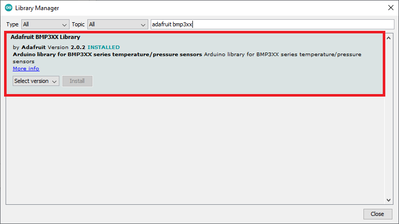 Installer la bibliothèque Adafruit bmp3xx Arduino IDE
