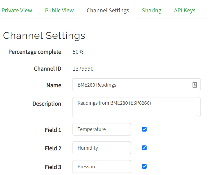 Thingspeak ajoute de nouveaux champs les paramètres de canal changent