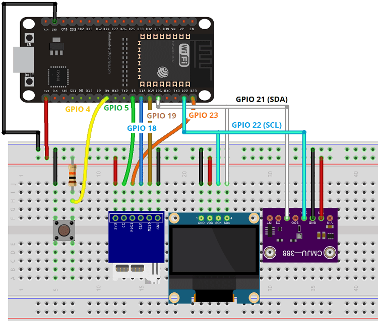 Schéma de câblage du bouton-poussoir OLED de l'enregistreur de données ESP32 BMP388