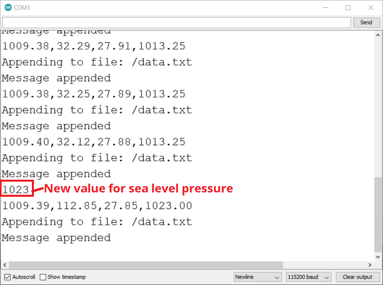 ESP32 BMP388 Altimètre Datalogger Serial Monitor Demonstration Nouvelle valeur pour la pression au niveau de la mer