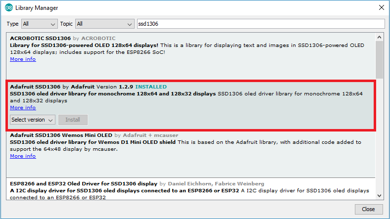 ESP32 avec capteur à ultrasons HC-SR04 avec Arduino IDE 14 Installer la bibliothèque I2C OLED Display SSD1306 Arduino IDE