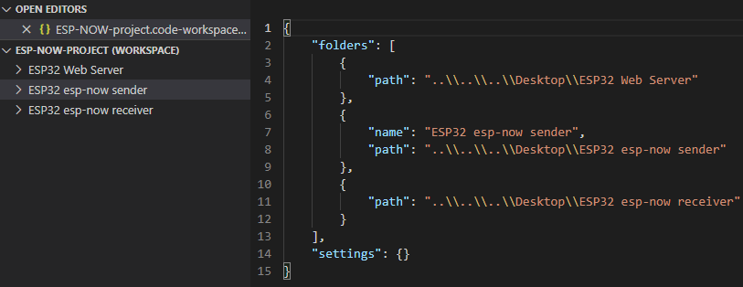 Exemple de contenu de fichier d'espace de travail VS Code ESP32 ESP8266