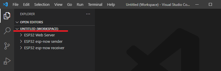 Espace de travail multi-racine avec trois dossiers VS Code ESP32 ESP8266