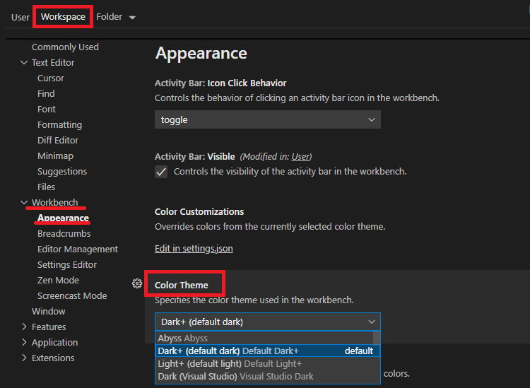 Paramètres de modification de l'espace de travail VS Code