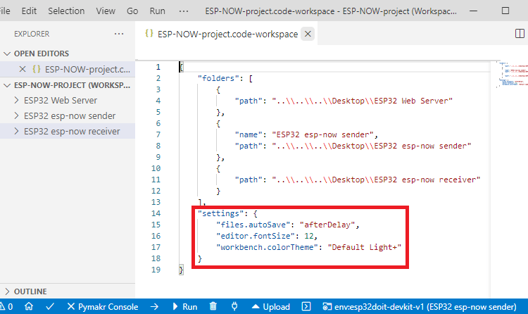VS Code Nouveaux paramètres d'espace de travail ESP32 ESP8266