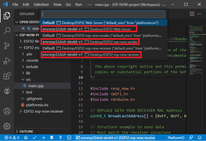 VS Code Switch PlatformIO Environnement ESP32 ESP8266