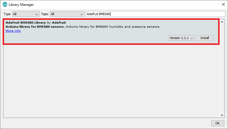 Serveur Web ESP8266 NodeMCU avec BME680 - Station météo 8 Installer BM6280 Adafruit Library Arduino IDE Library Manager