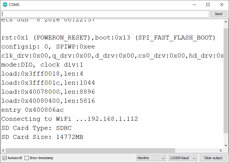 Serveur Web avec fichiers de la carte MicroSD Adresse IP du moniteur série