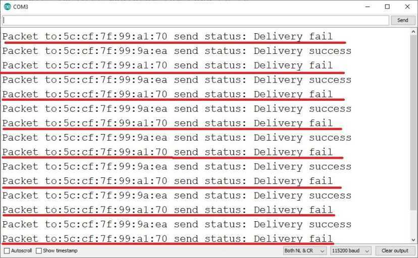 ESP8266 NodeMCU ESP-NOW Envoyer des données à plusieurs cartes État de livraison Échec du moniteur série