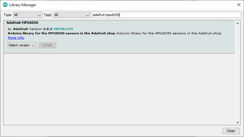Accéléromètre et gyroscope ESP32 MPU-6050 (Arduino) 5 Installer la bibliothèque de capteurs d'accéléromètre gyroscopique Adafruit MPU6050 Arduino IDE