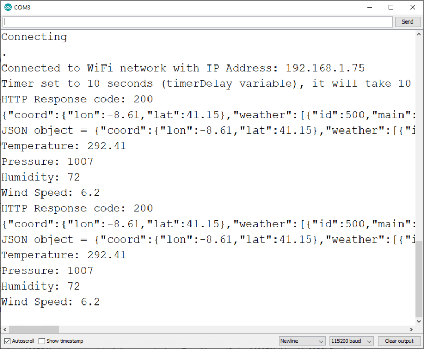 ESP8266 NodeMCU HTTP GET avec Arduino IDE (OpenWeatherMap.org et ThingSpeak) 7 ESP32 ESP8266 NodeMCU HTTP GET avec la réponse OpenWeatherMap de l'IDE Arduino