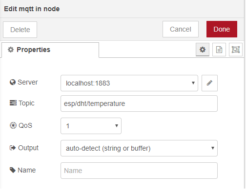 MQTT In Node ESP8266 Publier Température Humidité Node-RED Flow