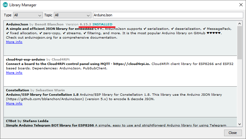 Installer dans Arduino IDE la bibliothèque ArduinoJSON