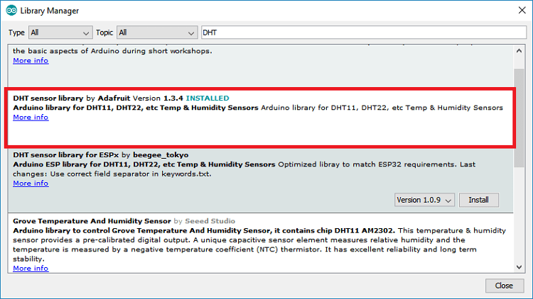 Installation de la bibliothèque Adafruit DHT dans l'IDE Arduino