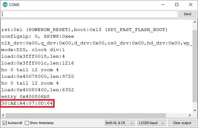 Adresse MAC de la carte ESP32 avec moniteur série Arduino IDE