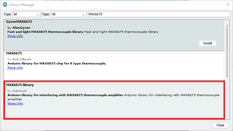 Installation de la bibliothèque MAX6675 Arduino