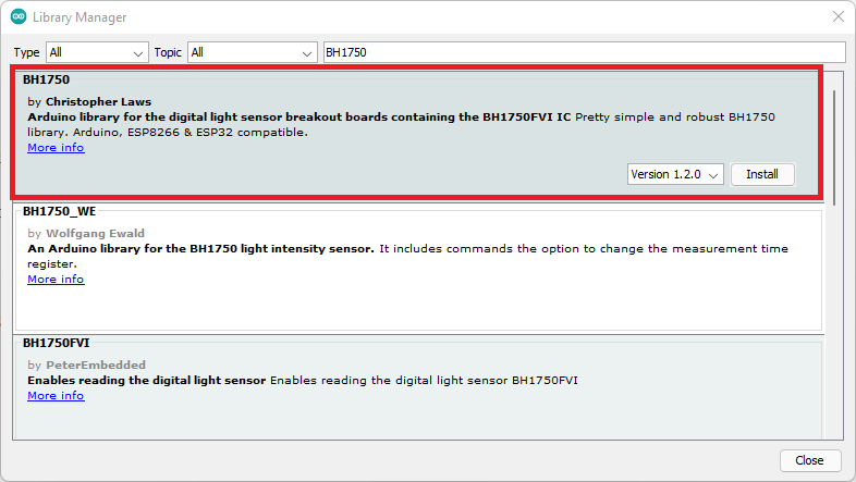Bibliothèque BHT1750 Arduino IDE