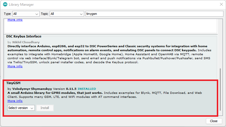 Installer la bibliothèque TinyGSM Arduino IDE