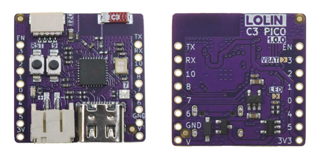 LOLIN C3 Pico est une petite carte ESP32-C3 avec prise en charge de la charge de la batterie