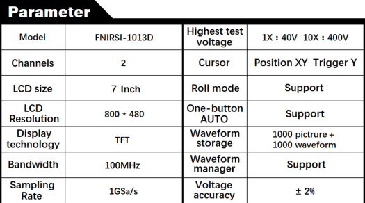 Spécification FNIRSI 1013D1 Spécifications FNIRSI 1013D