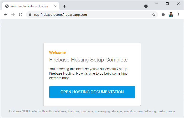 Configuration de l'hébergement de la page de test Firebase terminée