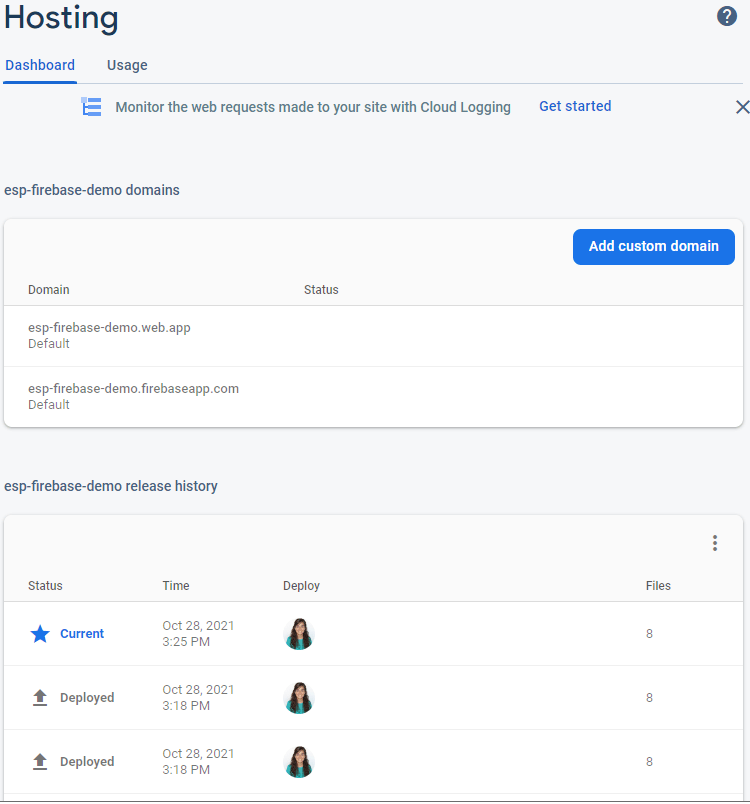 Historique et domaines de déploiement de l'application Web Firebase