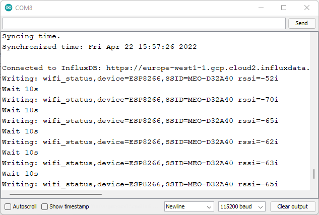 Démonstration du moniteur série sécurisé ESP8266 InfluxDB Write