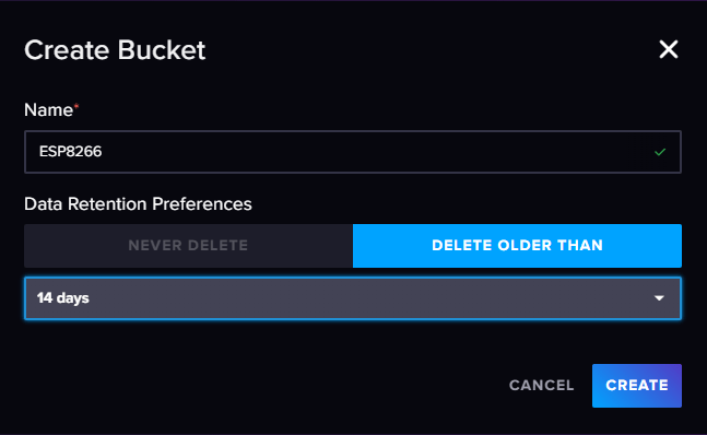 InfluxDB Cloud Création d'un bucket ESP8266