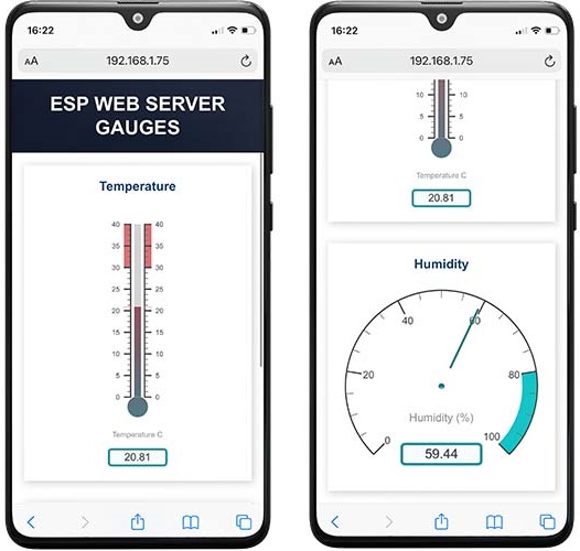 Serveur Web ESP32 : afficher les lectures des capteurs dans les jauges 12 Jauges Web Server ESP32 ESP8266 Démonstration Smartphone