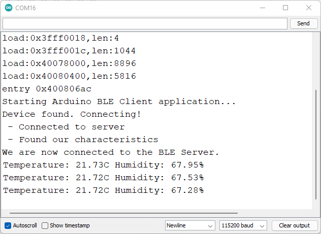 Client ESP32 BLE connecté au moniteur série du serveur ESP32 BLE