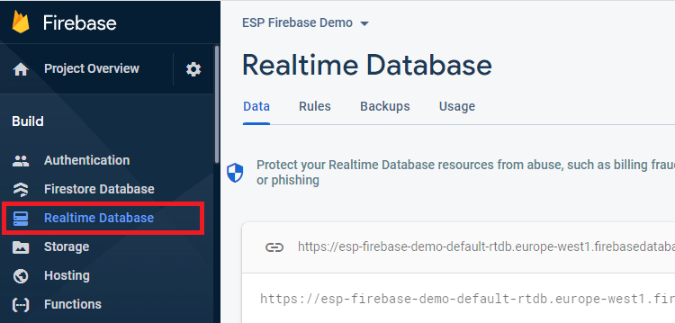 Menu de la base de données en temps réel Firebase