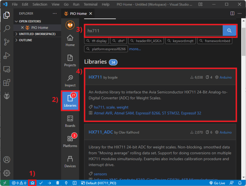 ESP8266 NodeMCU avec cellule de charge et amplificateur HX711 (balance numérique) 14 Installer la bibliothèque de cellules de charge HX711 VS Code