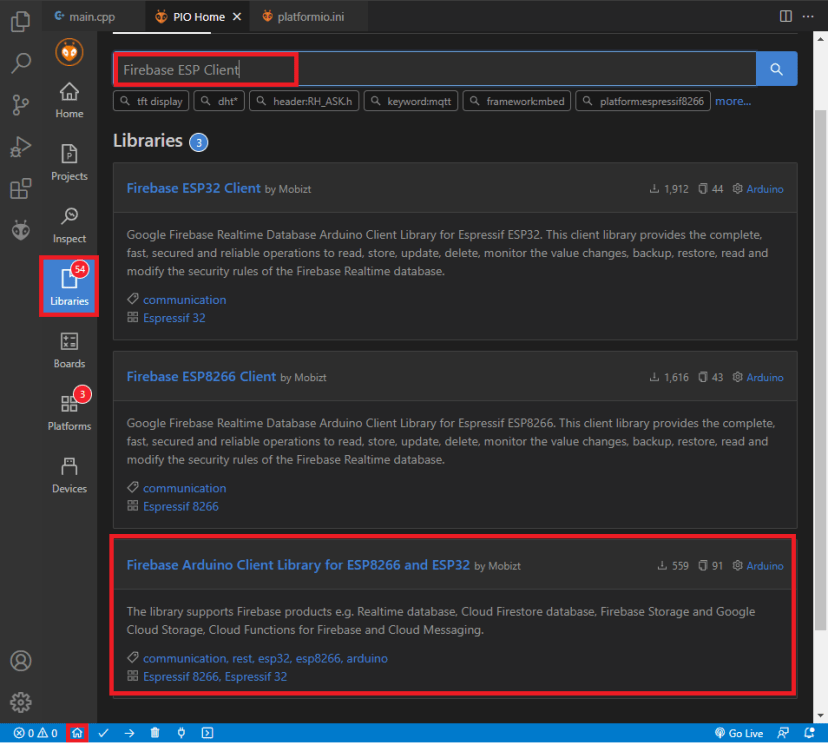 Installer Firebase ESP Client Library VS Code