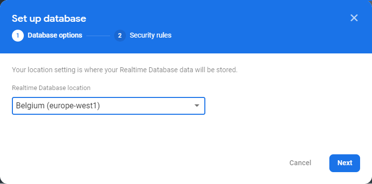 Configurer la base de données en temps réel firebase ESP32 ESP8266 Sélectionner l'emplacement