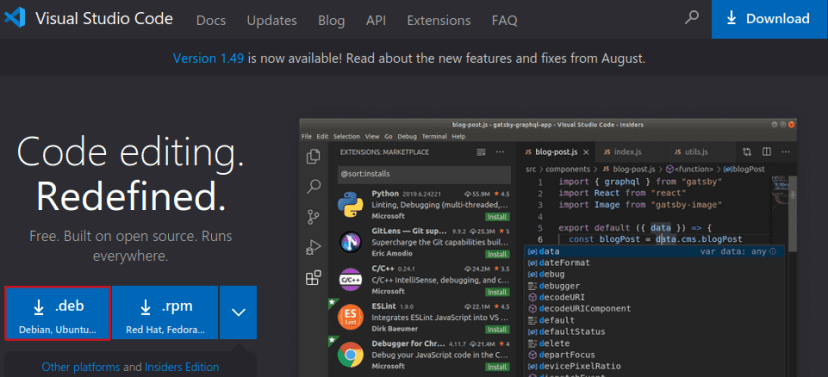 Page de téléchargement de Microsoft Visual Studio Code VS Code pour Linux Ubuntu