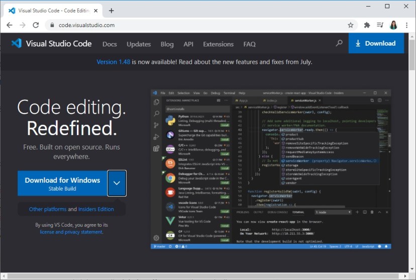Page de téléchargement de Microsoft Visual Studio Code VS Code pour PC Windows