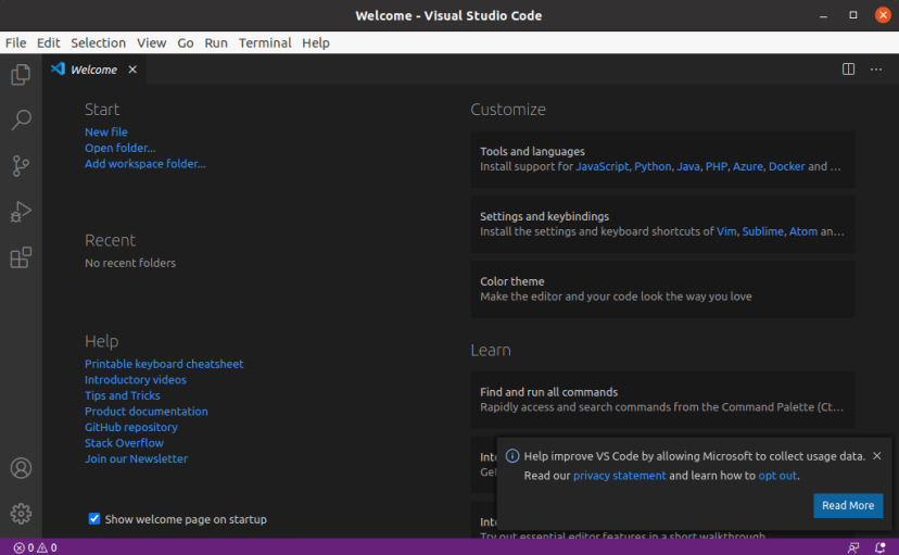 Écran de bienvenue de l'assistant d'installation de Microsoft Visual Studio Code VS Code sur Linux Ubuntu