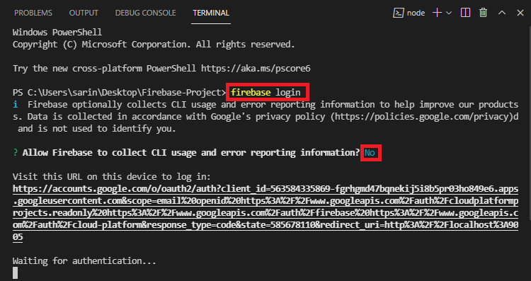 Connexion Firebase VS Code Terminal Fenêtre