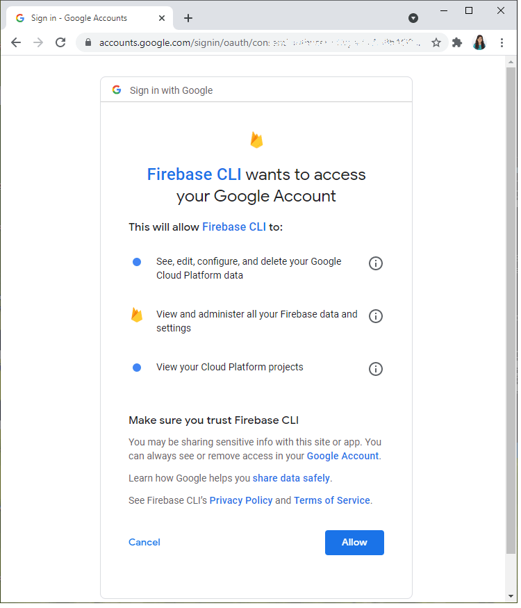 Connexion au compte Firebase autoriser Firebase CLI